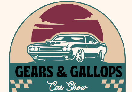 Vintage muscle car illustration promoting the Gears & Gallops Car Show at Charter Senior Living of Linden in Linden, MI, inspired by Kentucky Derby themes with festive details