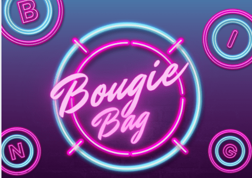 Promotional graphic for Bougie Bag Bingo event at Charter Senior Living of Linden in Linden, Michigan, featuring neon-style text and bingo-themed design elements.