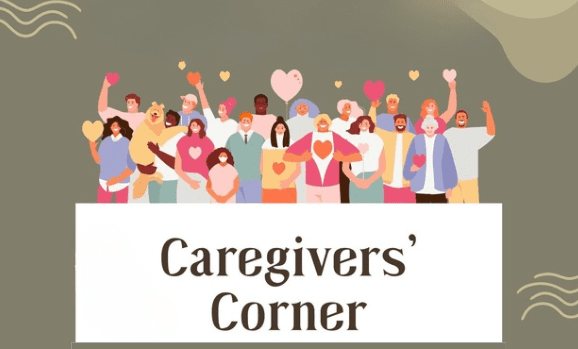 Illustrated banner for “Caregivers’ Corner,” an event hosted by Charter Senior Living of Linden in Linden, MI.